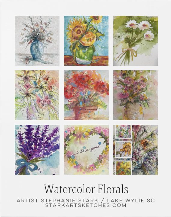 Watercolor floral paintings in various styles.