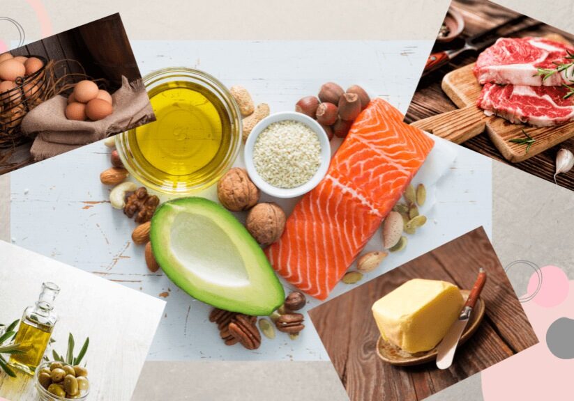 A collage of meat, eggs and olive oil products